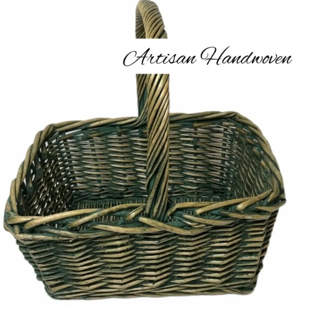 Hand Woven Basket Very Large Sturdy Storage Picnic Basket Rectangle Green